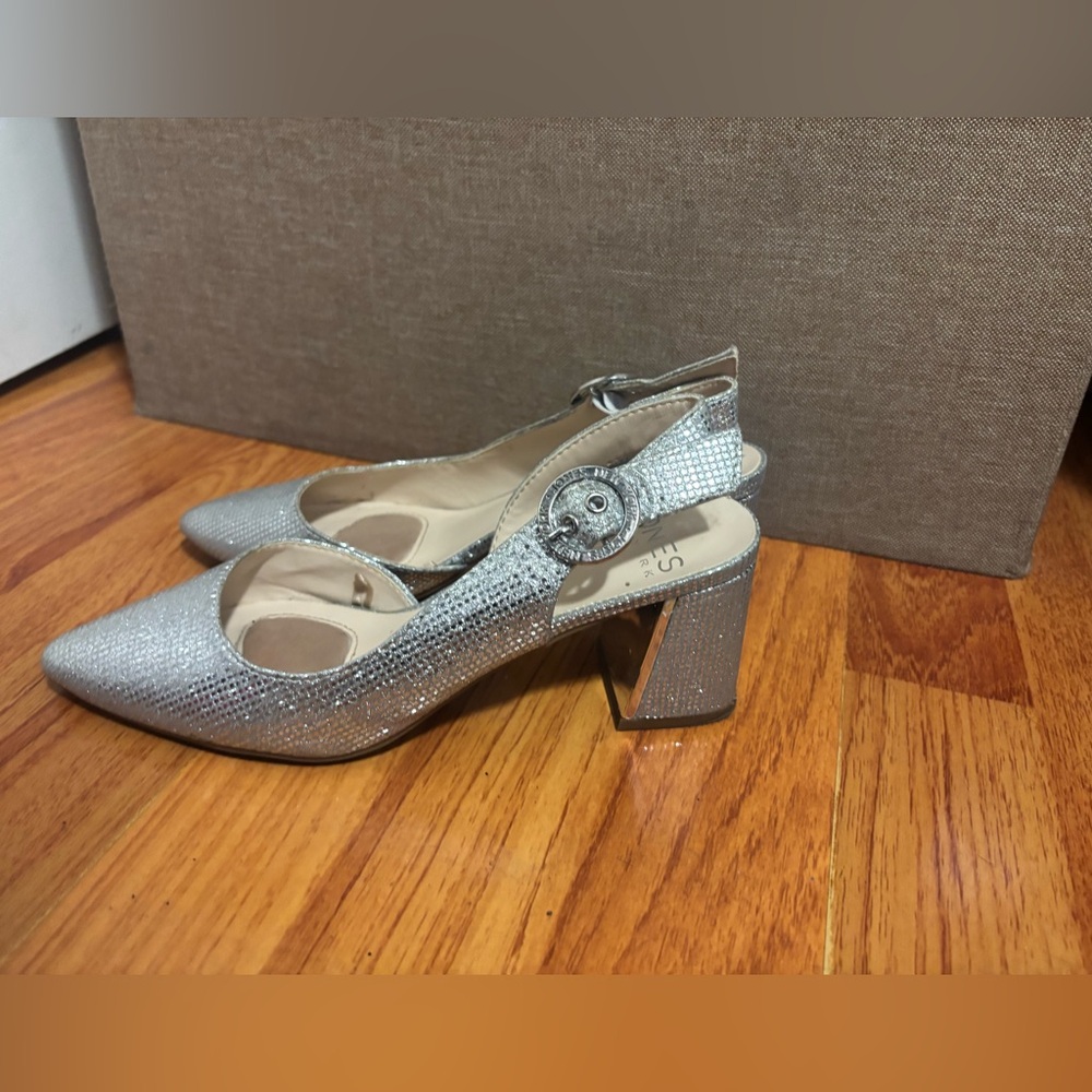 Jones New York Silver Glitter Slingback Block Heels